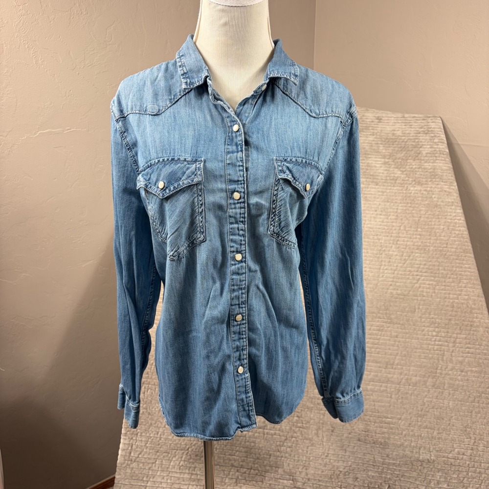 Gap Denim Western Shirt XXL Light Wash Blue Cotton Snap Front Long Sleeve Top